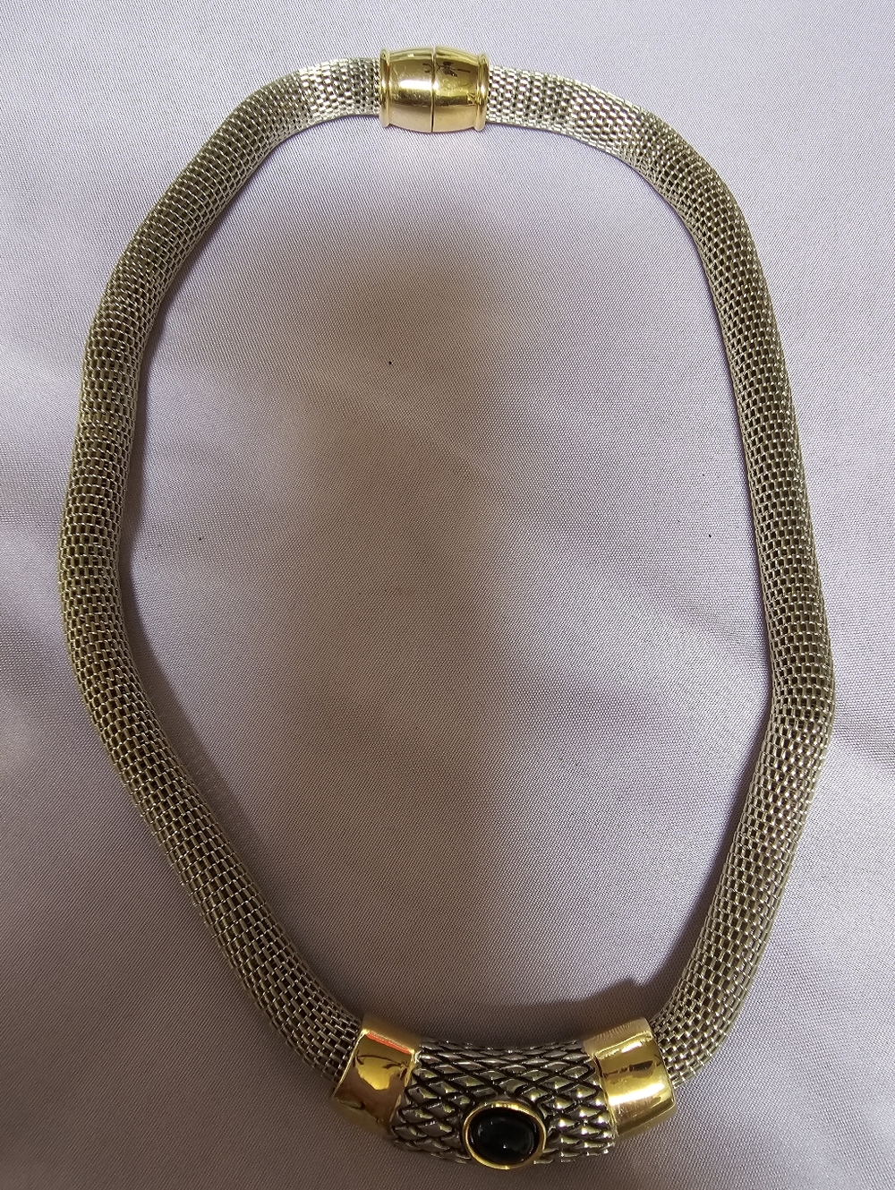 Vintage Gold-Tone and Silver Mesh Necklace with Black Stone Accent